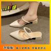 Korean Version of Fashion Bag Head Thick Heel Pointed Low Heel Shoes 2025 Summer New Pearl Word with Flat Bottom Cool Slippers Women