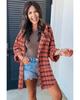Red Plaid Long Sleeeve Side Split Distressed Hem Shirt
