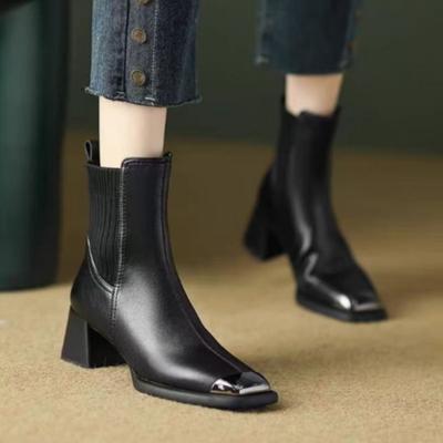 Модные туфли до середины икры Женские эластичные на среднем каблуке с квадратным носком Черные полусапоги для женщин по акции Большой размер Теплая обувь Акция
