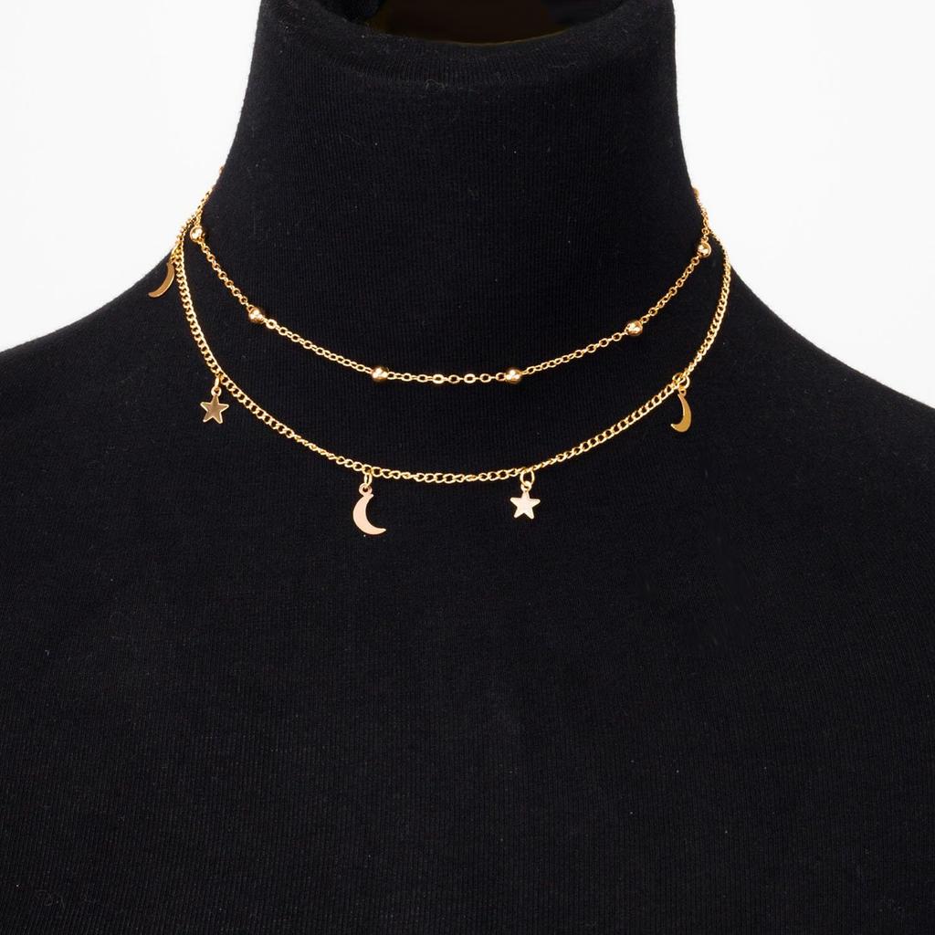 Star Moon Charm Necklace Layering Chain Choker for Women