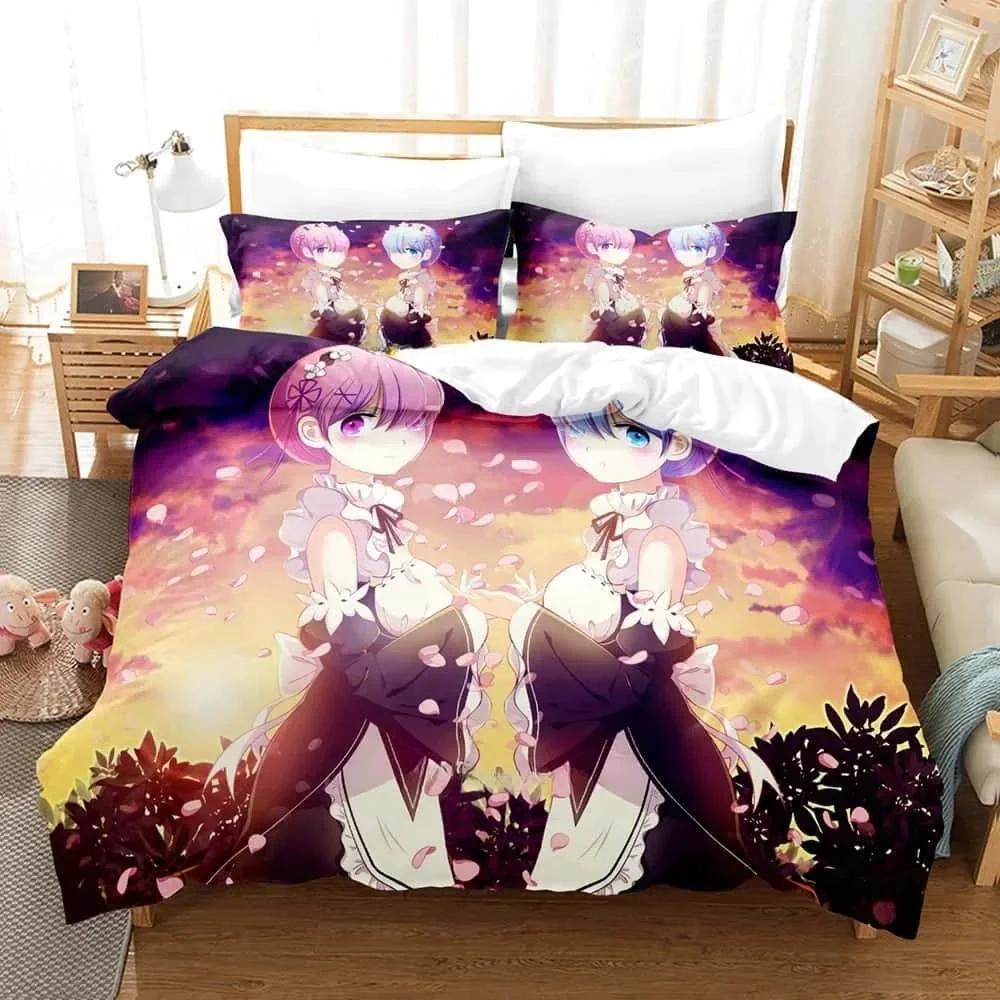 Аниме ReZERO - Жизнь с нуля в другом мире Комплект постельного белья Печатный комплект постельного белья с наволочкой Пододеяльник Мягкий Размер Queen Super King