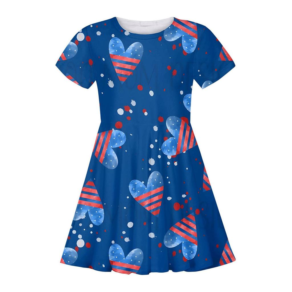 Summer Casual Loose Print Sweet Girl Short-sleeved Princess Independence Day Dress