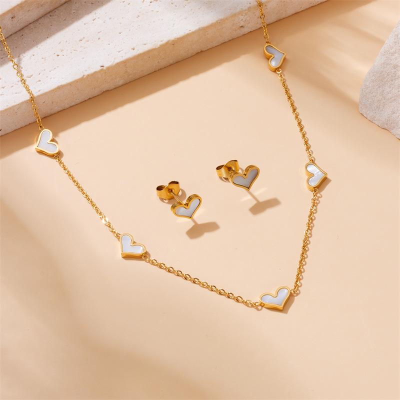 Gold Plated White Shell Heart Jewelry Set Necklace Bracelet and Earrings Fashion Jewelry for Women