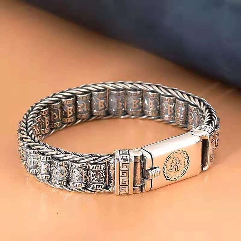 Rockyu Silver Mantra Roller Bracelet with Chinese and Heart Sutra Protection from Good and Fashion Accessory Men's Hui-mo (Curve) Design, Six-Syllable