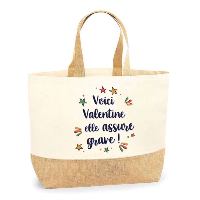 Tote bag jute - PLANETEE - Sac "Valentine elle assure grave !" - Texte imprimé - Fabriqué en France - Éco-responsable