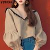 Women Casual Lace Lapel Long Sleeve Blouses