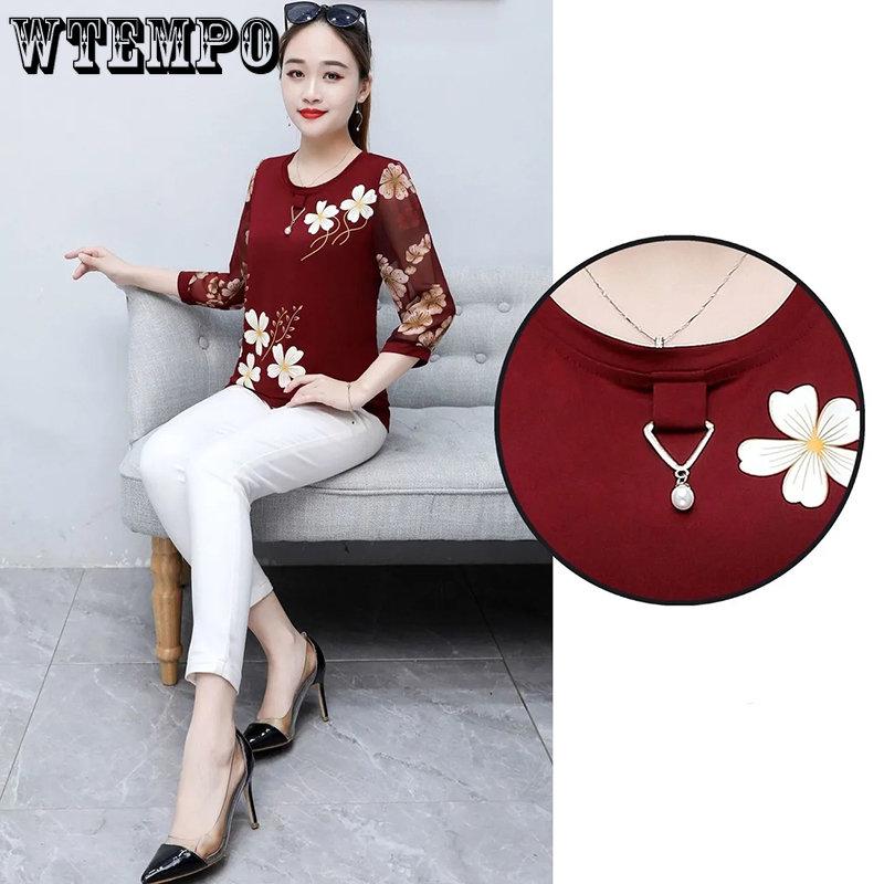 WTEMPO Весенне-летние шифоновые рубашки, женские футболки с рукавами 3/4 с цветочным принтом, женские повседневные свободные топы с тонким дном