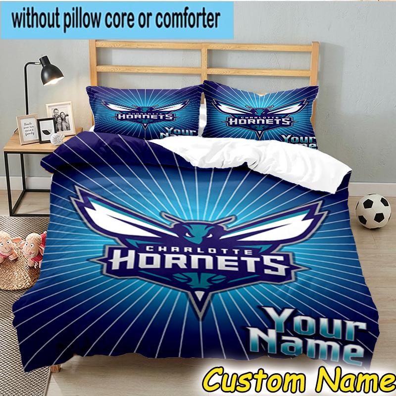 3pcs Custom Name Charlotte-Hornets Logo Bedding Set Includes 1 Duvet Cover & 2 Pillowcases for All Seasons Dormitory Home Decor Christmas gifts