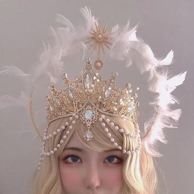 Ручная работа Корона-нимб Головной убор Лолита Богиня KC Готический Белый Ангел Перьевые Крылья Нимб Хрустальная Корона Повязка на Голову Аксессуары для Волос