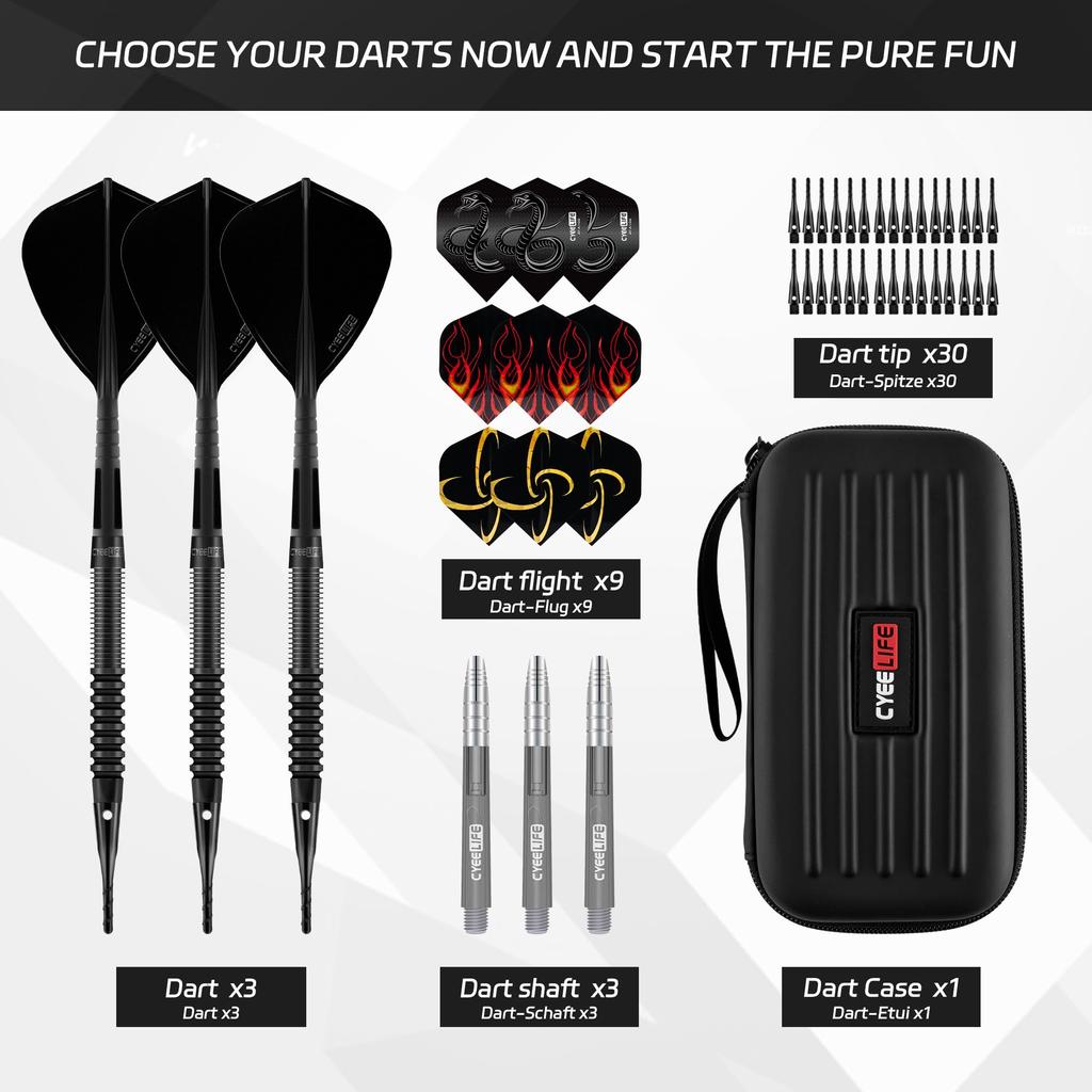 CyeeLife Professional Tungsten Alloy Soft Tip Dart 3 Integrated Darts Flights and 30 Shafts Additional Dart Tips 9 Flights 3 PC Shafts 1 Electronic