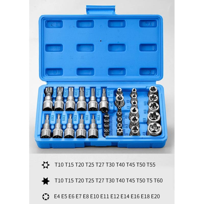 Professional 34pcs Torx Bit Socket & E-Torx Star Socket Set 1/4" 3/8" 1/2" Drive Male Female E-torx Bits Handheld Tool