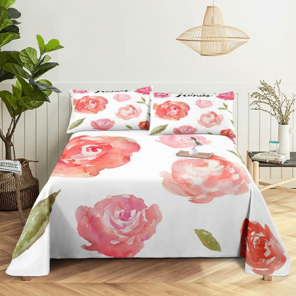 Pink Rose Bed Sheet Sets 3D Print Flowers Flat Soft Cover For Women Kids Girls King Queen Full Twin Size Linen Room Decor