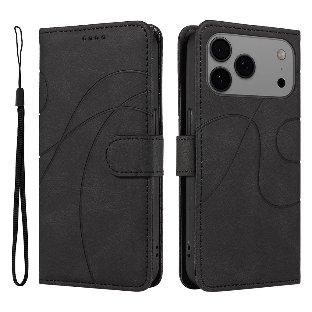 For iPhone 17 Pro Max Wallet Case Leather Phone Cover Stand with Curved Line Design