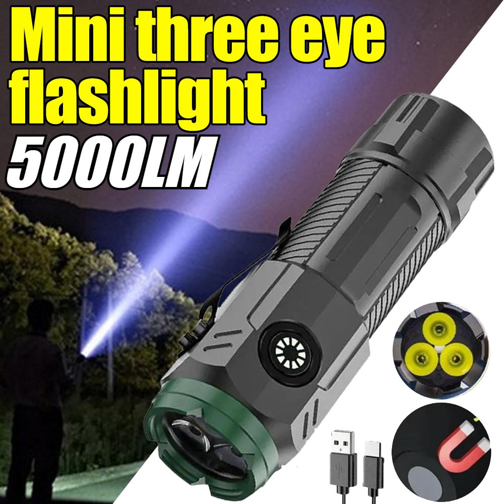 5000LM Мини Супер Яркий Фонарик Взрывная Вспышка Три Глаза Маленький Фонарик Светодиодный USB Клип Фонарик Рыбалка На Открытом Воздухе Сильный Портативный