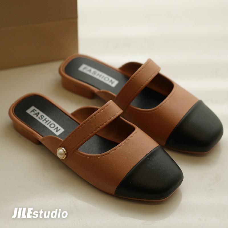 Баотоу полутапочки женские весенние новые для通勤, темпераментные, сочетающиеся по цвету, крутые тапочки