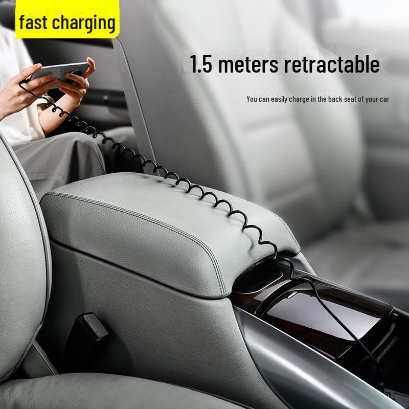 Spring-loaded 5A Fast Charging Cable for Apple & Android - Tangle-Free USB for Car Storage