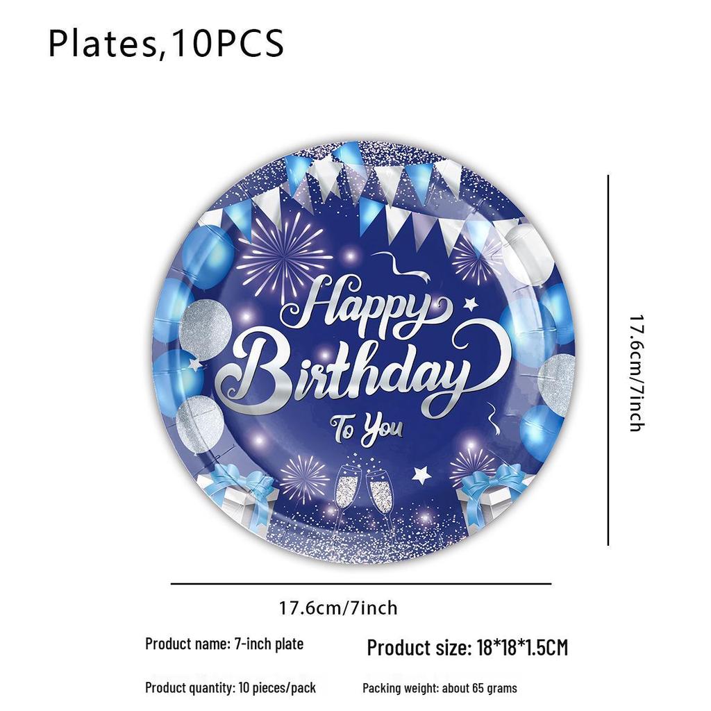 Cross-border Blue Birthday Party Set: Fireworks Print Plates, Flags & Napkins.