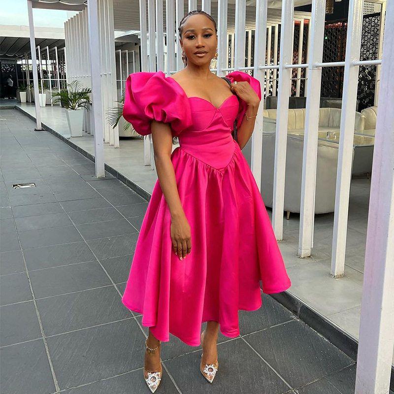 and American Foreign Trade Women's Clothing 2024 Spring New Fashion Square Collar Puff Sleeve Solid Color Waist-Cinching Mid-Length Dress for Women