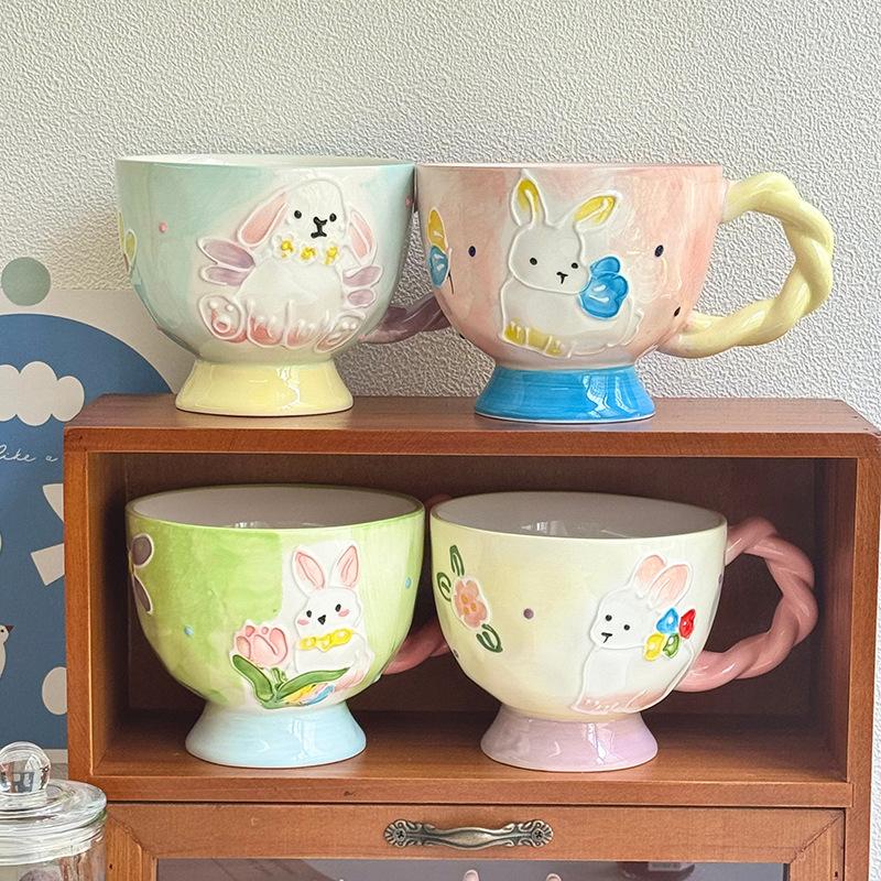 Милая керамическая кружка с тиснением в виде кролика, подглазурная цветная чаша, офисная чашка для молока и завтрака, подарок на день рождения для женщин