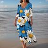 Women's Vintage Print Tunic Waisted Midi Dress Summer Casual 3/4 Sleeve Dress Dress