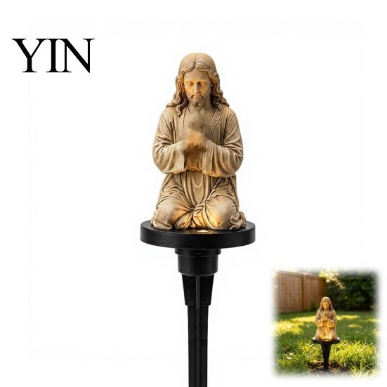 Lawn Path Illumination Solar Prayer Statue Garden Stake Light, Waterproof Resin Human Figure Sculpture for Outdoor Patio Landscape Lighting