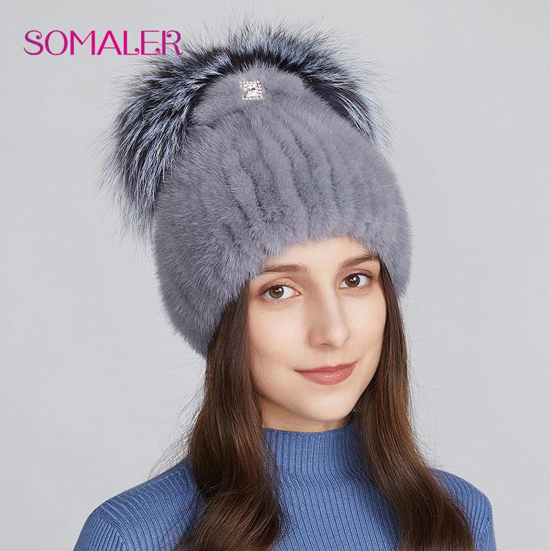 SOMALER Вязаные шапки из натурального норкового меха для женщин, зимняя теплая шапка из лисьего меха с украшением, уличная шапка с черепом