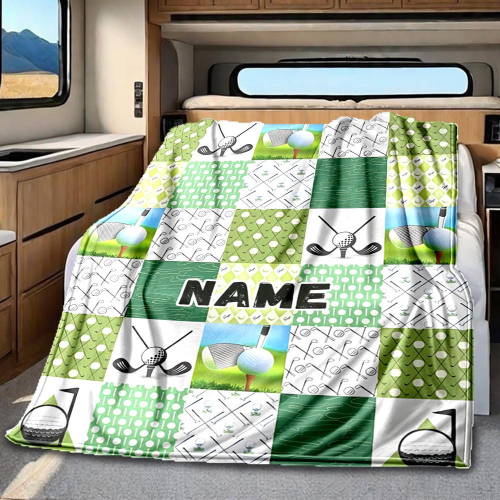 Golf Themed Patchwork Design With Balls And Clubs Blanketcustomize Your Name Lightweight Comfortable And Stylish Blanket For Travel Bed Home Chair