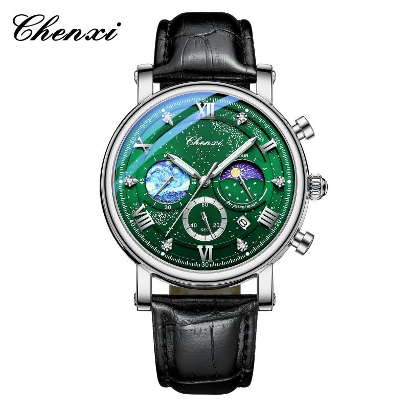 CHENXI 972 Men's Top Brand Moon Phase Quartz Wristwatch Chronograph Waterproof Original Watch for Man Male Luminous Clock