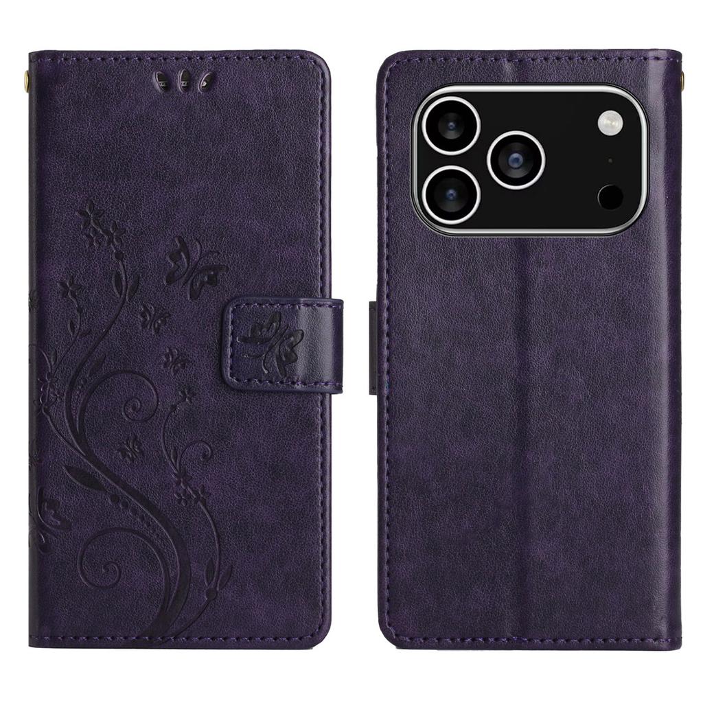 For iPhone 17 Pro Leather Wallet Case Butterfly Flower Imprinted Phone Cover with Strap
