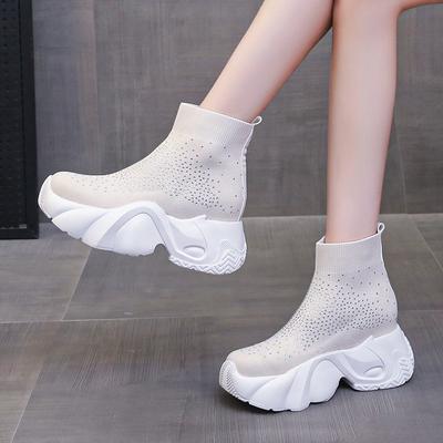 Женские весенние и осенние ботинки 2024 года, новые тонкие и удобные повседневные вязаные короткие ботинки на толстой подошве с эластичным носком на высоком каблуке