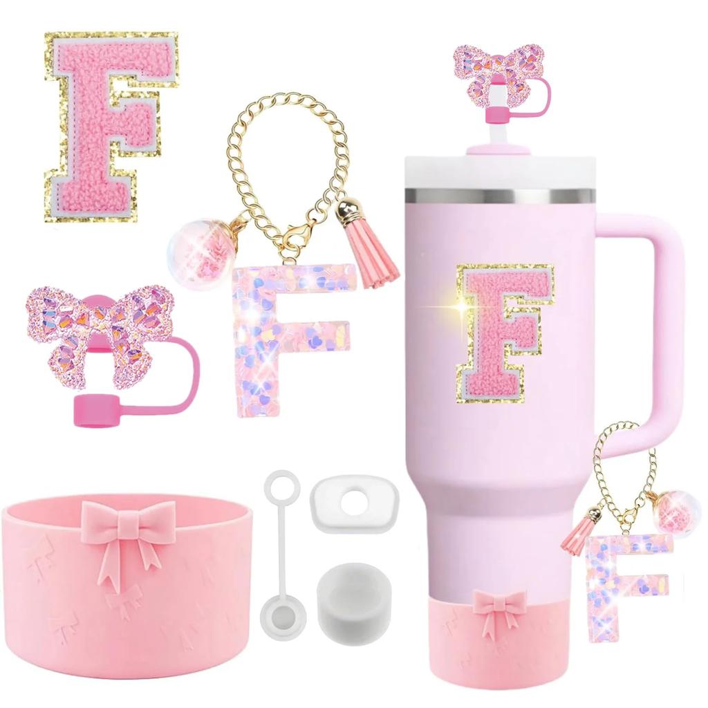 7PCS Pink Accessories for Stanley Cup 30/40 Oz Tumbler with Handle Bow Straw Topper Cover Cap Boot Initials Charm Letter Sticker