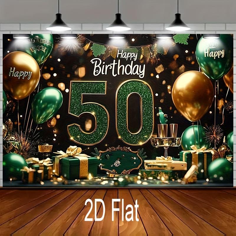 1pc 2D flat banner for 50th birthday Party banner decoration - Sparkling gold and green polyester background with balloons