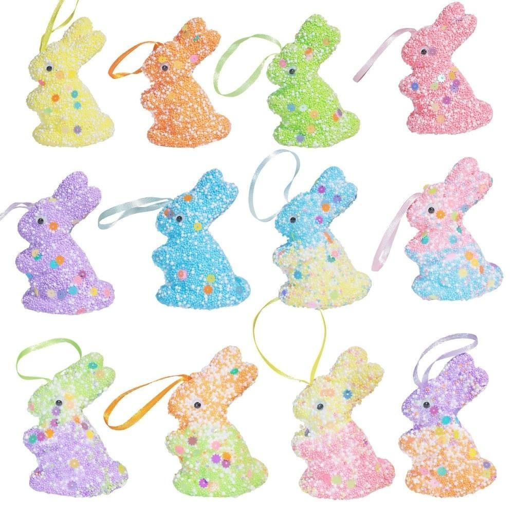 6Pcs Cute Colorful Foam Easter Rabbit Animal Mold Painted Sequin Bunny Ornament Hanging Sparkle Rabbit Figurine Celebration