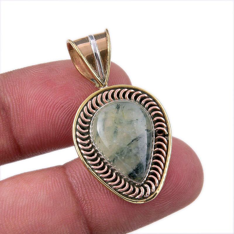 Natural Prehnite Gemstone 925 Solid Sterling Silver Two Tone Pendant 1.50" f1D47