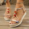 Large Size Ethnic Style New Style Rhinestone Beaded Slope Heel Fashion High Heels Thick Sole Women's Hemp Rope Woven Sandals