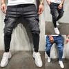 Men Drawstring Multi Pocket Cargo Pants Male Zipper Retro Hole Solid Color Denim Jeans Skinny Slim Casual Pencil Pants Jogger Men