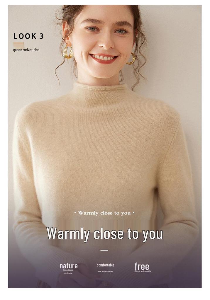 Women's Cashmere Rolled Hem Turtleneck Sweater: Pure, Double-Ply, Thick Knit, Short, Loose, Versatile Base Layer
