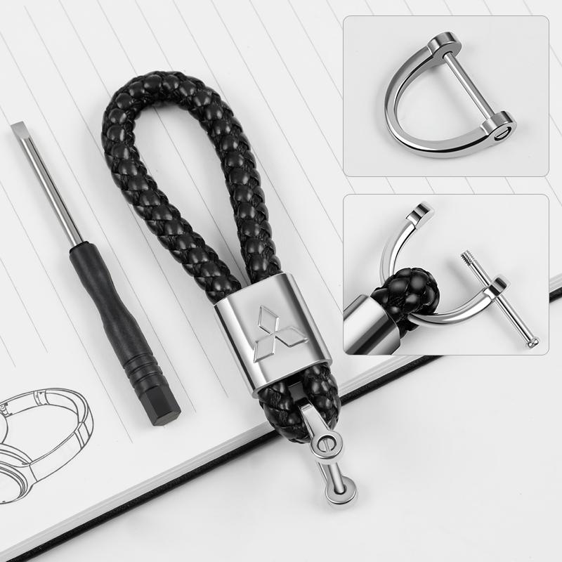 Car Styling 3D Metal+Leather Braided Woven Rope Keychain For Mitsubishi Asx Lancer Outlander Pajero Ralliart Accessories