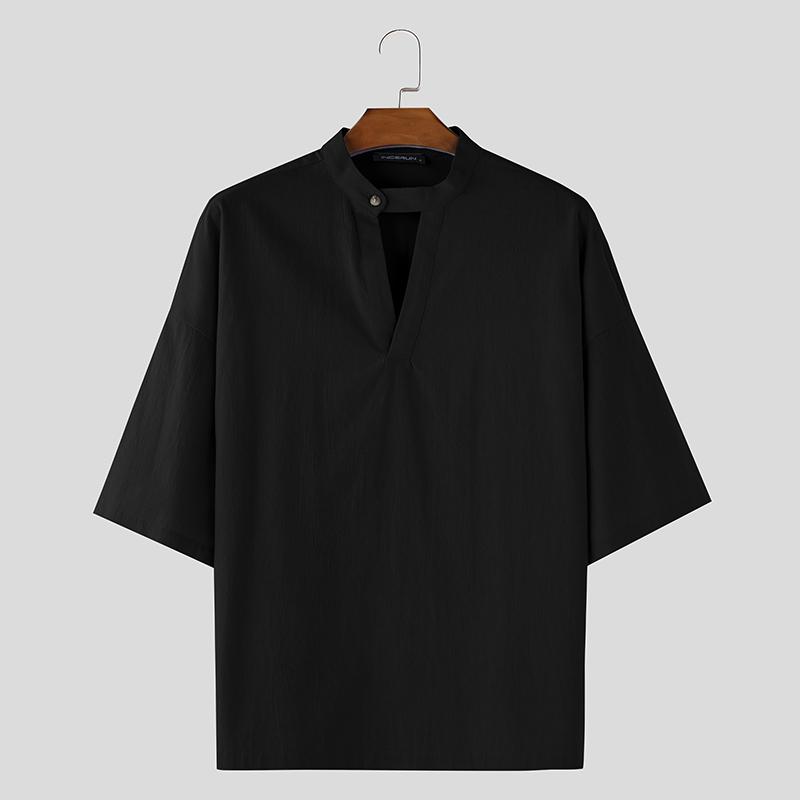 INCERUN Мужские летние футболки с коротким рукавом и заниженной линией плеч из цельного хлопка, топы