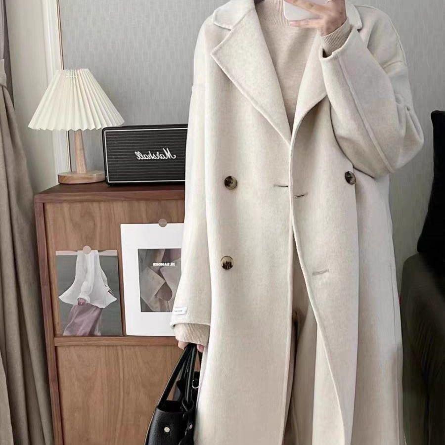 Autumn and Winter Korean Style Long Hair Baby Camel Wool Double-sided Wool Coat Double-breasted Simple High-end Coat New Style for Women
