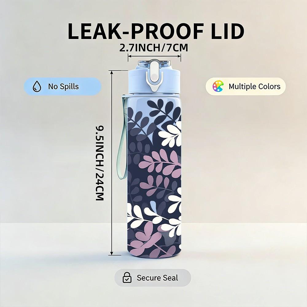 1PC Dark Purple Leaf Botanical Pattern Print 750ml Color Plastic Sports Water Bottle Leakproof Flip Straw Lid Suitable for Sports Office Home Use