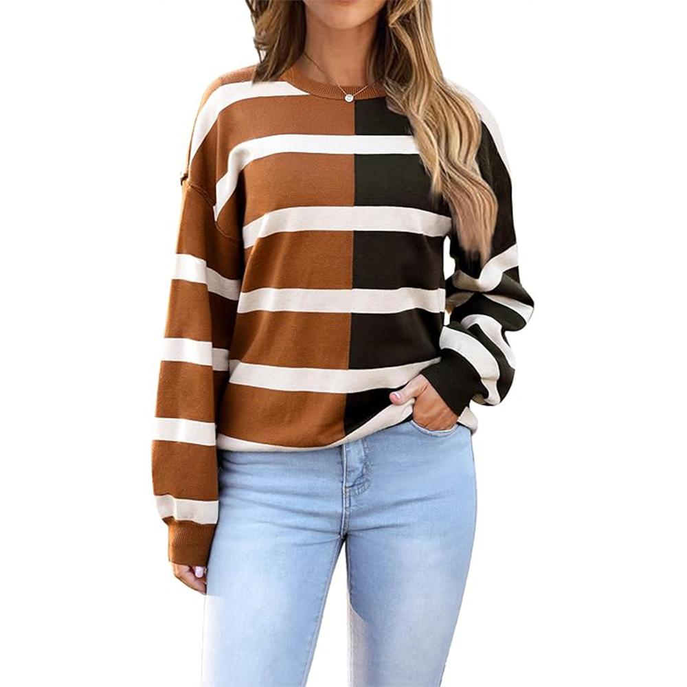 Женский полосатый свитер оверсайз 2025 с круглым вырезом и длинным рукавом, трикотажный свободный свитер с цветными блоками, повседневный топ