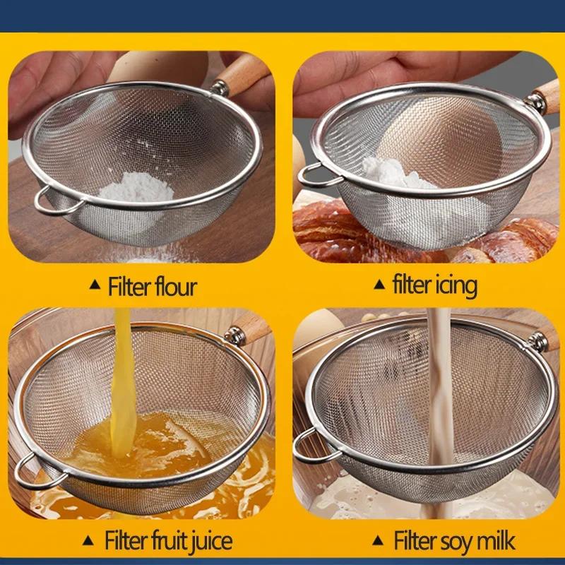Маленький дуршлаг из нержавеющей стали с деревянной ручкой, мелкоячеистое сито для масла, многофункциональный фильтр, сито для муки, кухонные инструменты для выпечки