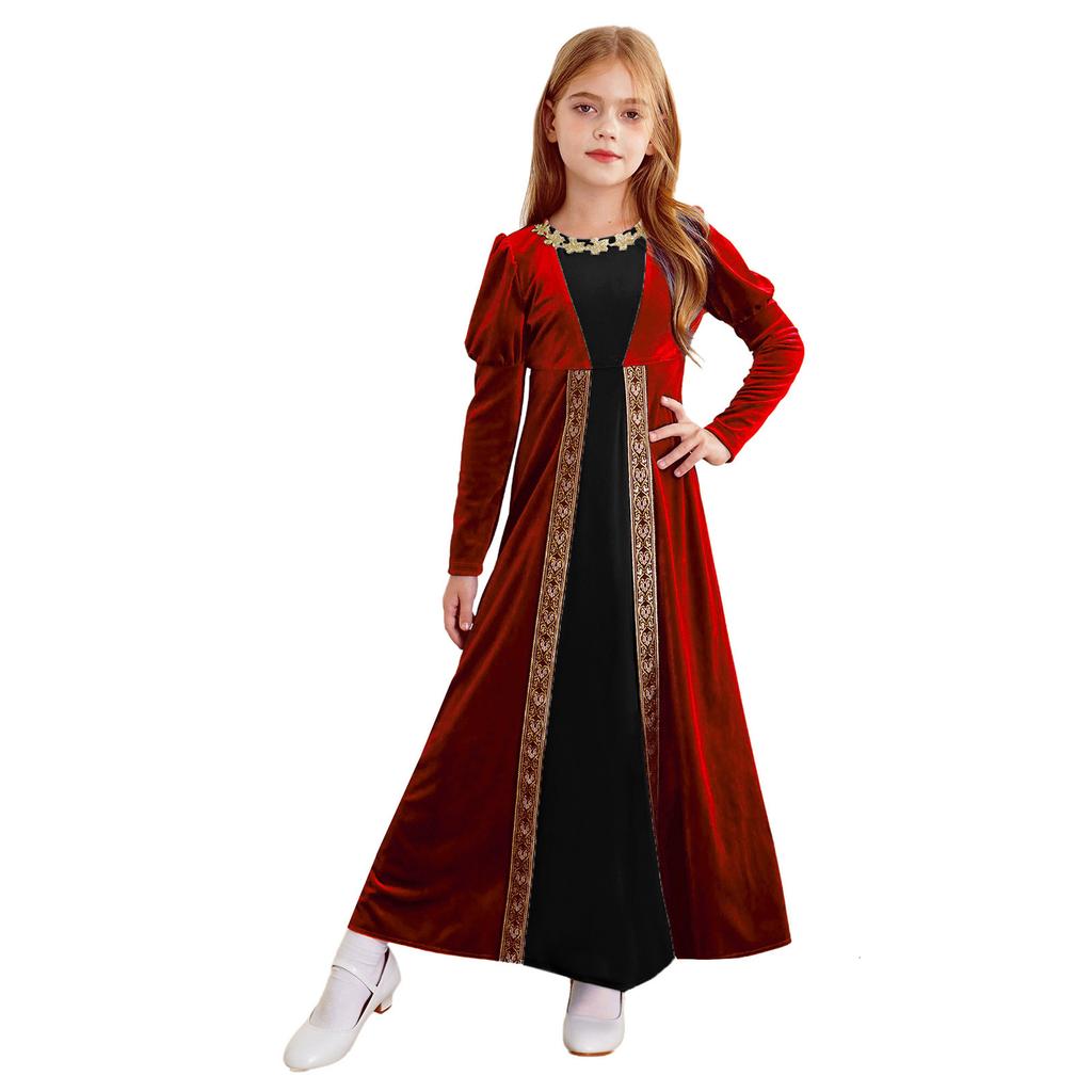 Girls Renaissance Princess Dress Velvet Long Sleeve Gold Flower Patchwork Medieval Retro Party Costume