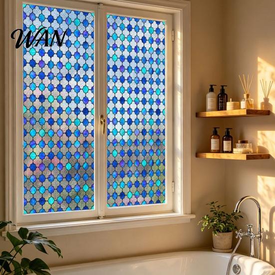 Decorative Window Film for Privacy Stained Glass Film, Retro Geometric Plaid Static Cling Decal, Double Heat Control Sided PVC Removable Sticker Doors
