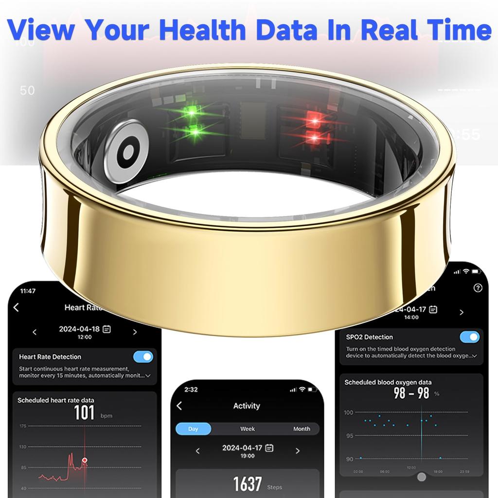 Smart Ring - Health Tracker with SPO₂/HRV/Sleep Monitor, 5ATM Waterproof & No Subscription, 7-Day Battery for Men & Women, iOS A