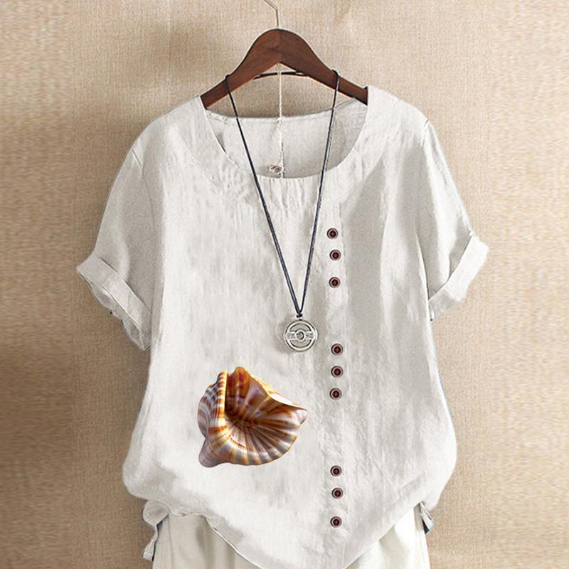Женская модная футболка с круглым вырезом и коротким рукавом, повседневная хлопковая льняная рубашка с рисунком, летняя блузка с принтом «ракушка», топы больших размеров
