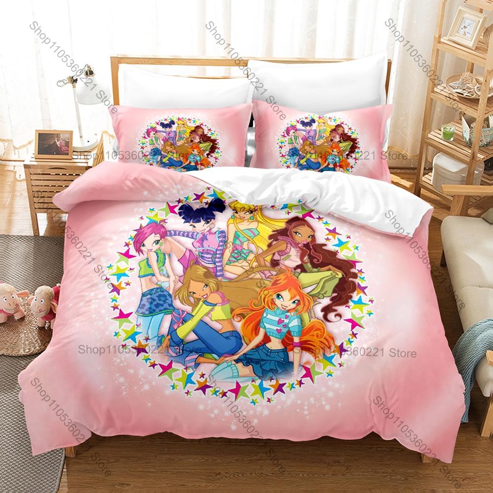Постельное белье с принтом W-Winx, 3 предмета, мягкое, дышащее, пододеяльник и наволочки, модное домашнее постельное белье, декор