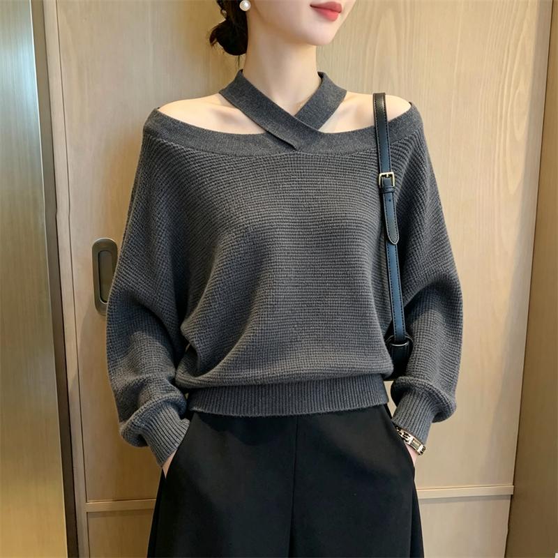 Women S Off Shoulder Halter Neck Pullover Knit Sweater