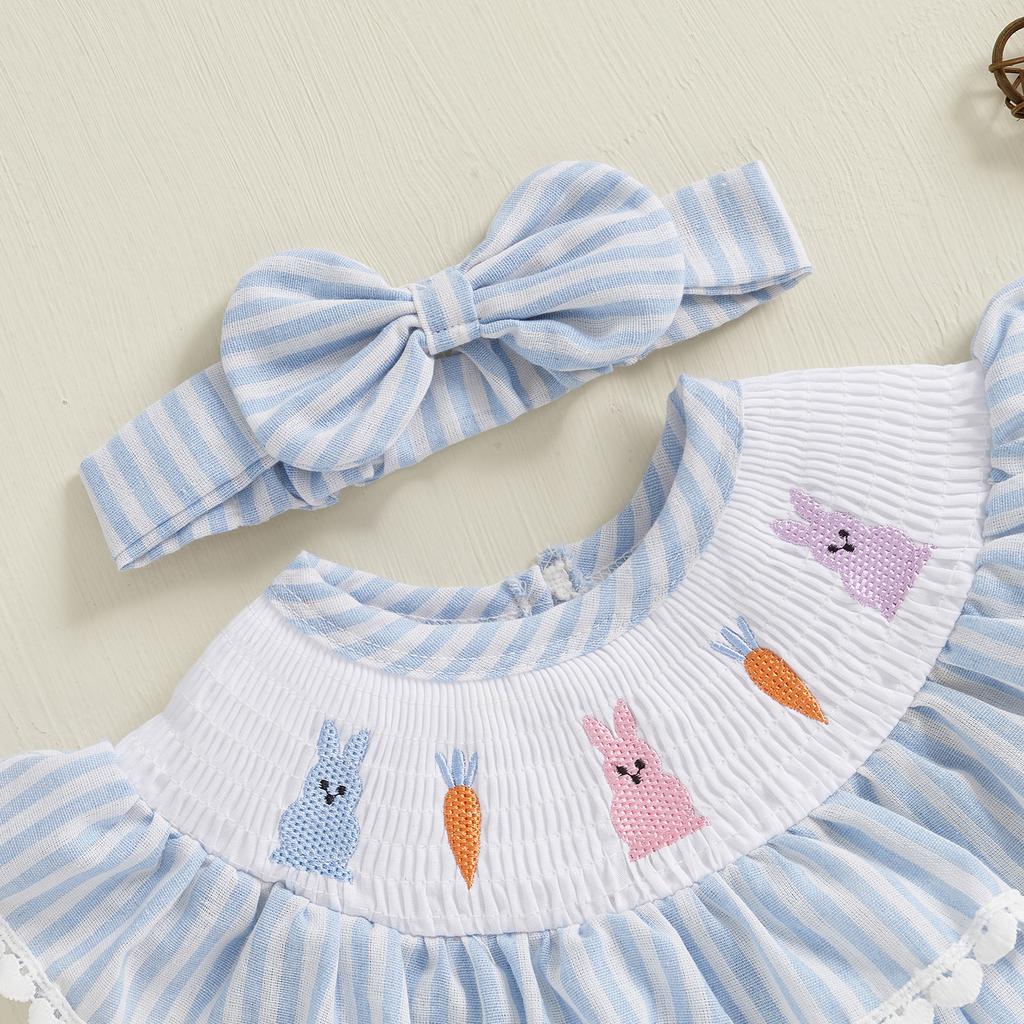 Baby Girls Rompers Easter Clothes Rabbit Carrot Embroidery Stripe Ruffles Sleeveless Infant Bodysuits Jumpsuits with Headband